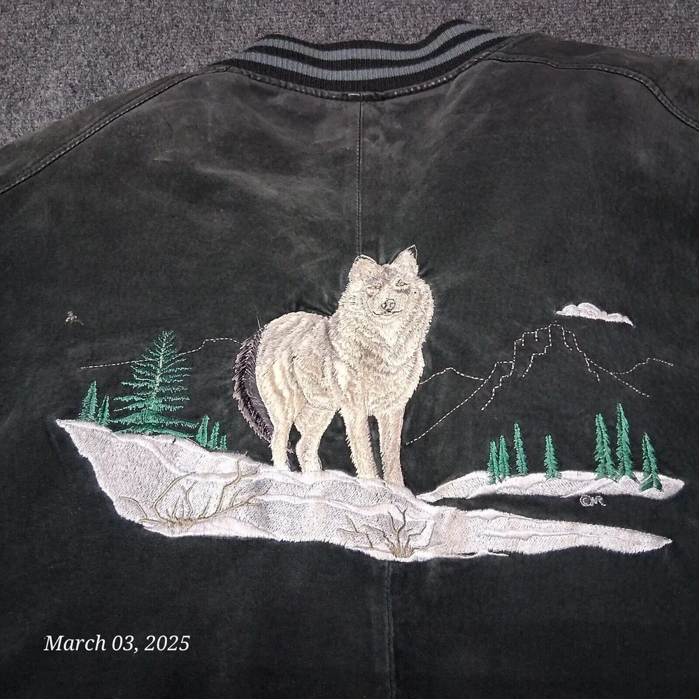 ** VTG Guide Gear Leather Stadium Jacket Wold Embroidered Size XXL Black Gray - Picture 11 of 12